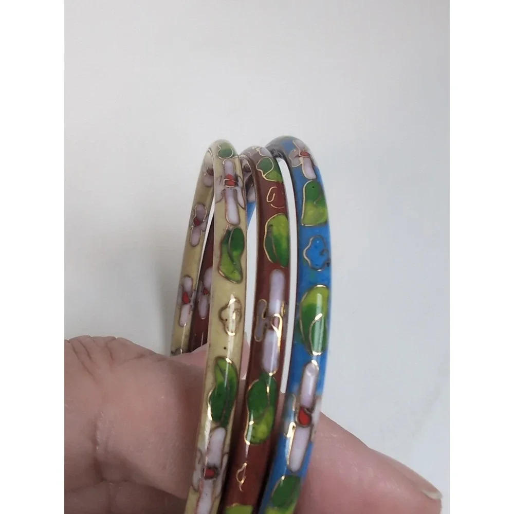 Cloisonné Bangles Bracelet Set of 3 Floral Metal Enamel Jewelry Vintage Retro